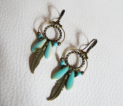 Boucles d'oreilles Créoles Plumes turquoises