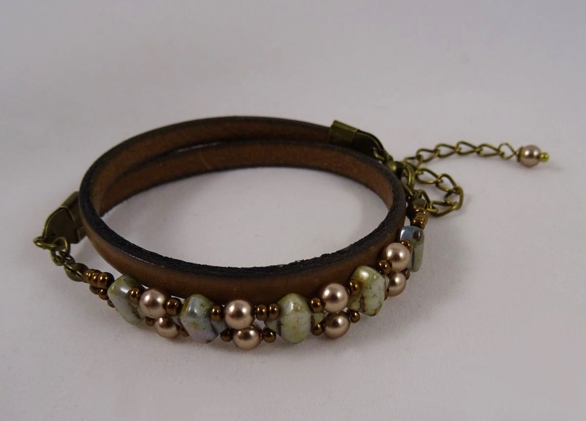 Kit bracelet cuir 2 tours perles Silky vert bronze