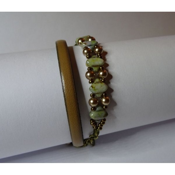Kit bracelet cuir 2 tours perles Silky vert bronze
