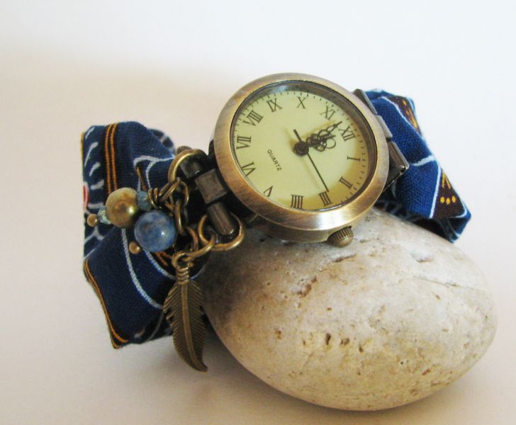 Kit montre bracelet tissus Wax africain bleu