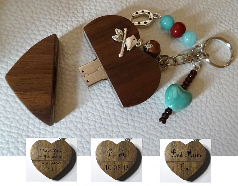 Schl&uuml;sselanh&auml;nger Herz usb-Schl&uuml;ssel mit Gravur t&uuml;rkisfarbene Perlen